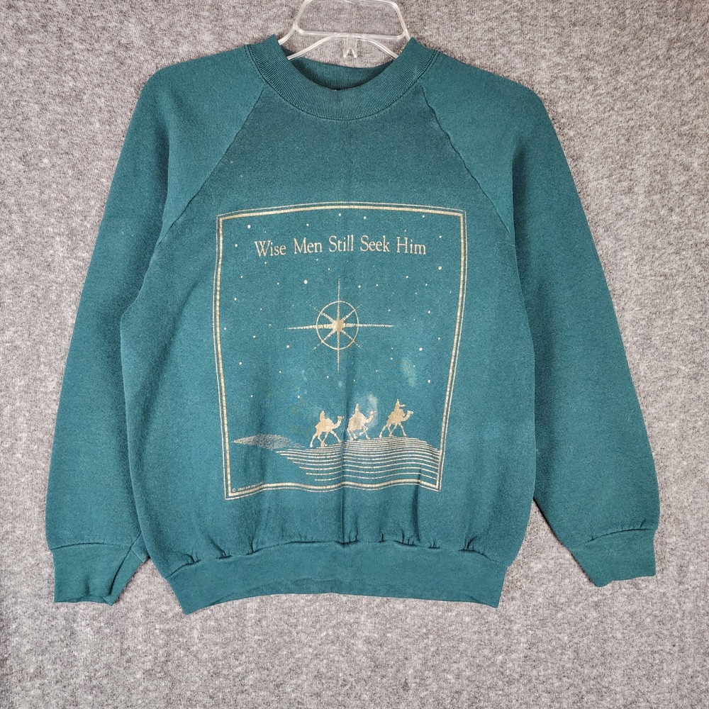Fruit of the Loom Sweatshirt Unisex M Wise Men Still Seek Him Teal Vintage USA
